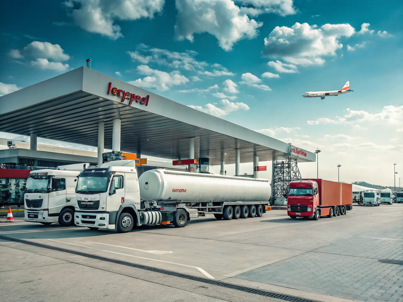 A fleet of commercial trucks and buses refueling with Biofuel Plus diesel at a modern fueling station, emphasizing the transportation industry's reliance on efficient and clean fuel solutions.